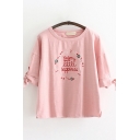 Lovely Girls Short Sleeve Round Neck Letter ENJOY THE LITTLE HAPPINESS Floral Graphic Bow Tie Relaxed Fit T Shirt