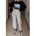 Chic Unique Girls Elastic Waist Letter SUCH CUTE Cut Out Side Baggy Cuffed Sweatpants in Gray