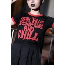 Dark Punk Girls Short Sleeve Crew Neck Letter SERIRL KILLER Skull Printed Relaxed Crop T Shirt
