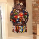 Metal Copper Pendant Lamp Lantern 1 Head Vintage Suspended Lighting Fixture with Crystal Bead
