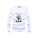 Simple Men's Long Sleeve Round Neck AN IDEA TREE Letter Tree Printed Slim Fit Graphic T Shirt
