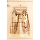 Cute Designer Girls' Drawstring Waist Checkered Cat Printed Lace Up Fluffy Pocket Patched Ruched Short A-Line Skirt