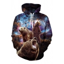 Fancy Stylish Boys Long Sleeve Bear Starry Sky 3D Print Drawstring Loose Fit Pouch Pocket Hoodie in Brown