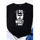 Basic Girls Roll Up Sleeve Round Neck Letter I DO WHAT A WANT Cat Graphic Loose T Shirt