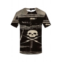 Novelty Boys Short Sleeve Crew Neck Cartoon Skull Pattern Slim Fitted T-Shirt in Black-Gray