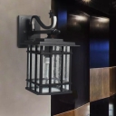 1 Bulb Cuboid Wall Mount Fixture Country Black Finish Seeded Glass Wall Sconce Lighting for Passage