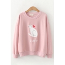 Simple Kawaii Long Sleeve Round Neck Cat Patterned Relaxed Fit Pullover Sweatshirt