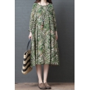 Retro Casual Womens Roll Up Sleeve Round Neck Allover Leaf Printed Linen and Cotton Long Oversize Dress