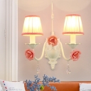 White Conical Wall Light Fixture Korean Flower Fabric 1/2-Light Living Room Wall Lamp with Crystal Draping