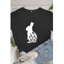 Fashionable Roll Up Sleeve Crew Neck Rabbit Floral Printed Regular Fit T Shirt for Girls