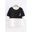 Lovely Girls Three-Quarter Sleeve Round Neck Dinosaur Printed Colorblock Slit Side Loose Fit T-Shirt