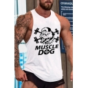 Casual Fashion Bodybuilding Mens Sleeveless Crew Neck Letter MUSCLE DOG Dog Graphic Relaxed Tank Top