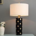 Simplicity Drum Shaped Table Lamp Fabric 1 Bulb Living Room Desk Light with Ceramic Dot Cylinder Base