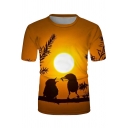 Casual Mens Short Sleeve Crew Neck 3D Bird Sunset Patterned Loose T-Shirt in Yellow