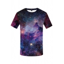 Fancy Boys Short Sleeve Round Neck Starry Sky Pattern Relaxed Fit T-Shirt in Purple