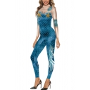 Amazing Womens Long Sleeve Mock Neck Fish Scales Starfish Pattern Color Block Ankle Slim Fit Stretchy Jumpsuits in Blue