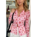 Fancy Ladies Pink Long Sleeve Lapel Neck Button Down All Over Floral Printed Slim Fit Shirt