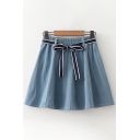 Fancy Ladies Bow Tied Waist Solid Color Mini Pleated A-Line Denim Skirt