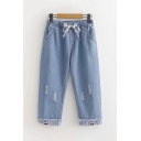 Unique Chic Womens Drawstring Waist Distressed Rabbit Letter Embroidered Cropped Leg Jeans