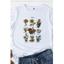 Chic Womens Roll Up Sleeve Crew Neck Floral Letter FLOWERS Graphic Relaxed Tee Top
