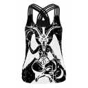 Cool Black Sleeveless Round Neck Comic Goat Pattern Relaxed Tank Top for Ladies