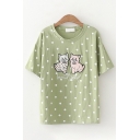 Trendy Womens Short Sleeve Round Neck Cat Embroidery Polka Dot Print Regular Fit Tee Top