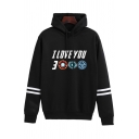 Casual Guys Long Sleeve Drawstring Letter I LOVE YOU 3000 Graphic Varsity Stripe Relaxed Hoodie