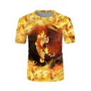 Fashionable Guys Short Sleeve Crew Neck Flame Tiger 3D Printed Slim Fitted T-Shirt in Yellow