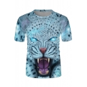 Fancy Mens Short Sleeve Crew Neck 3D Leopard Printed Loose T-Shirt in Blue