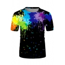 Guys Fancy Short Sleeve Crew Neck Colorful Splash-Ink Print Fitted T Shirt in Black