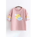 Leisure Cute Girls Cut Out Sleeves Round Neck Cartoon Cloud Printed Striped Loose Fit T-Shirt