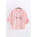 Cute Girls Three-Quarter Sleeve Round Neck Japanese Letter Floral Graphic Relaxed Fit T-Shirt