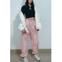 Casual Trendy Ladies Elastic Waist Flap Pocket Cuffed Ankle Plain Tapered Fit Cargo Pants