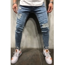 Classic Streetwear Mid Rise Ripped Ankle Slim Fitted Jeans in Blue