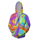 Boys Chic Street Long Sleeve Drawstring Zip Up 3D Abstract Geometric Pattern Loose Fit Hoodie in Purple