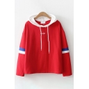 Womens Trendy Long Sleeve Drawstring Letter Embroidery Stripe Contrasted Relaxed Fit Hoodie