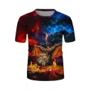 Popular Fancy Boys Short Sleeve Crew Neck Dragon Flame Patterned Colorblock Slim Fit T-Shirt in Black