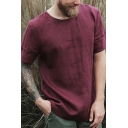 Mens Leisure Short Sleeve Round Neck Solid Color Cotton and Linen Relaxed Fit T-Shirt