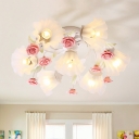 Pink Scalloped Semi Flush Mount Light Pastoral White Glass 7 Lights Dining Room Flushmount with Flower Design