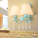 Cone Living Room Sconce Lamp Countryside Fabric 1/2-Head Blue Wall Light Fixture with Dangling Crystal