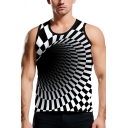 Cool Chic Sleeveless Round Neck 3D Checkered Dizzy Tunnel Print Fit Tank Top in Black