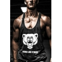 Chic Trendy Sleeveless Round Neck Letter POWER AND FITNESS Bear Graphic Relaxed Tank Top in Black
