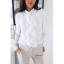 Formal Womens Long Sleeve Stand Collar Button Down Ruffled Trim Plain Relaxed Blouse