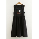 Womens Fashionable Sleeveless Round Neck Letter FART FLOWERMAN Flower Embroidered Long Pleated A-Line Dress in Black