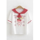 Preppy Girls Short Sleeve Sailor Collar Strawberry Paw Polkd Dot Plaid Printed Letter Graphic Striped Relaxed Fit Tee in White