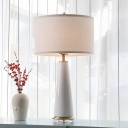 Fabric Drum Shaped Desk Light Modernist 1 Head White Nightstand Lamps with Ceramic Conical Base