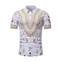 Fashion Ethnic Mens Short Sleeve Lapel Collar Button Up Flora Printed Slim Fit Polo Shirt