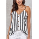 Stylish Womens Sleeveless V-Neck Button Down Stripe Print Relaxed Cami Top