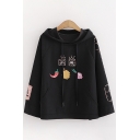 Lovely Preppy Girls Long Sleeve Drawstring Chinese Letter Cartoon Graphic Relaxed Hoodie