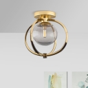Globe Cage Semi Flush Mount Light Modern Metal 1 Head Gold LED Flush Ceiling Lamp with Clear Glass Shade